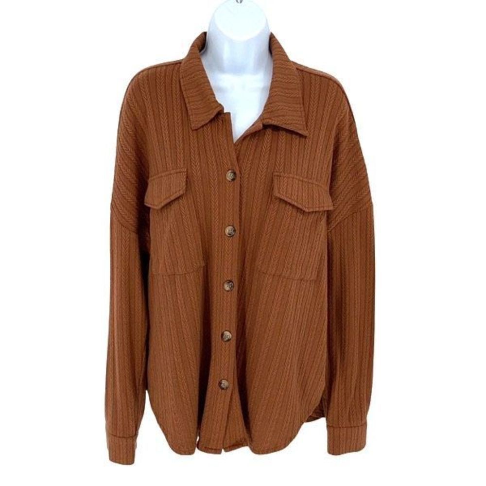 Pink Lilly Womens Knit Herringbone Textured Button Front Blouse Chestnut Medium